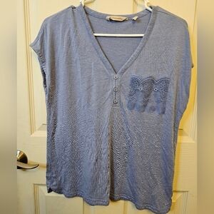 Soft Surroundings Blue Lace Detail Linen Blend Top Sz Small